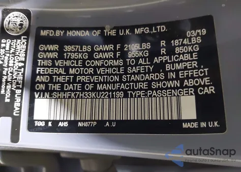 2019 Honda Civic Lx z USA, uszkodzony, nr VIN SHHFK7H33KU221199